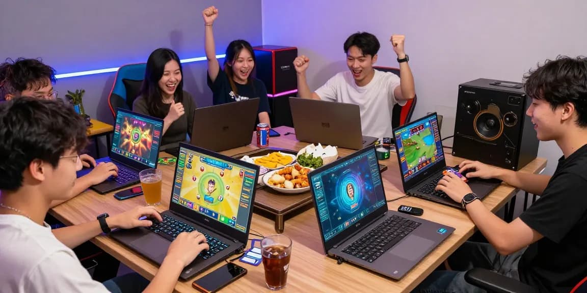 Engaging group playing gamebaidoithuong online with colorful game displays and celebratory atmosphere