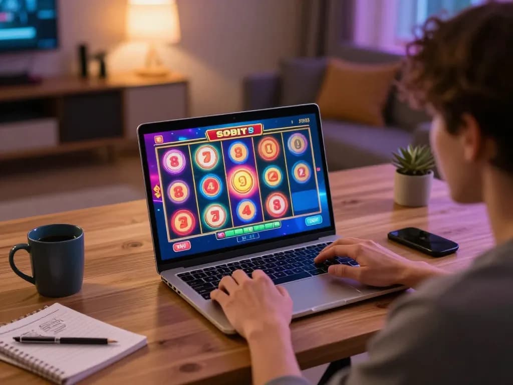Engaging gameplay on situs slot at home, showcasing excitement while hitting the spin button.