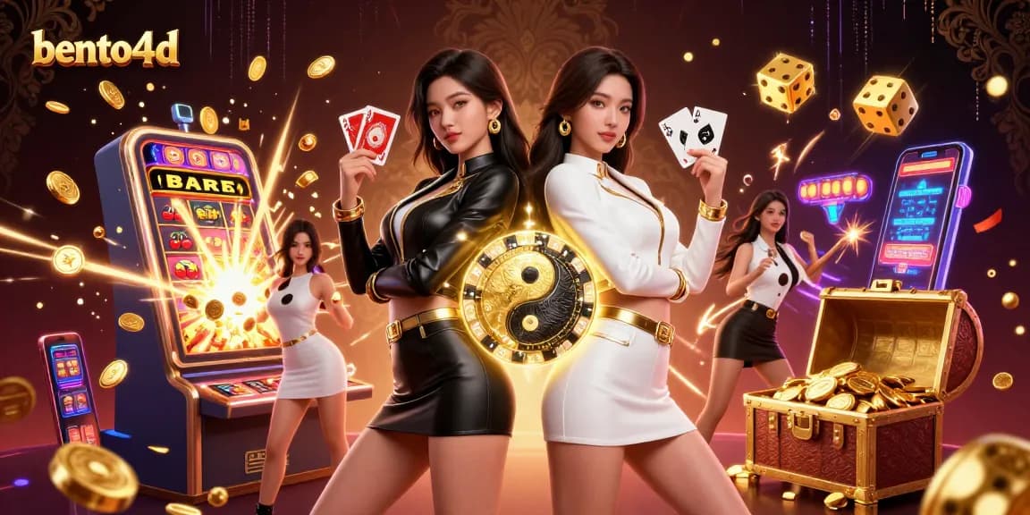 Bento4d menawarkan aksi kasino yang dinamis menampilkan dua wanita Asia dengan kartu bermain di tengah ledakan jackpot.