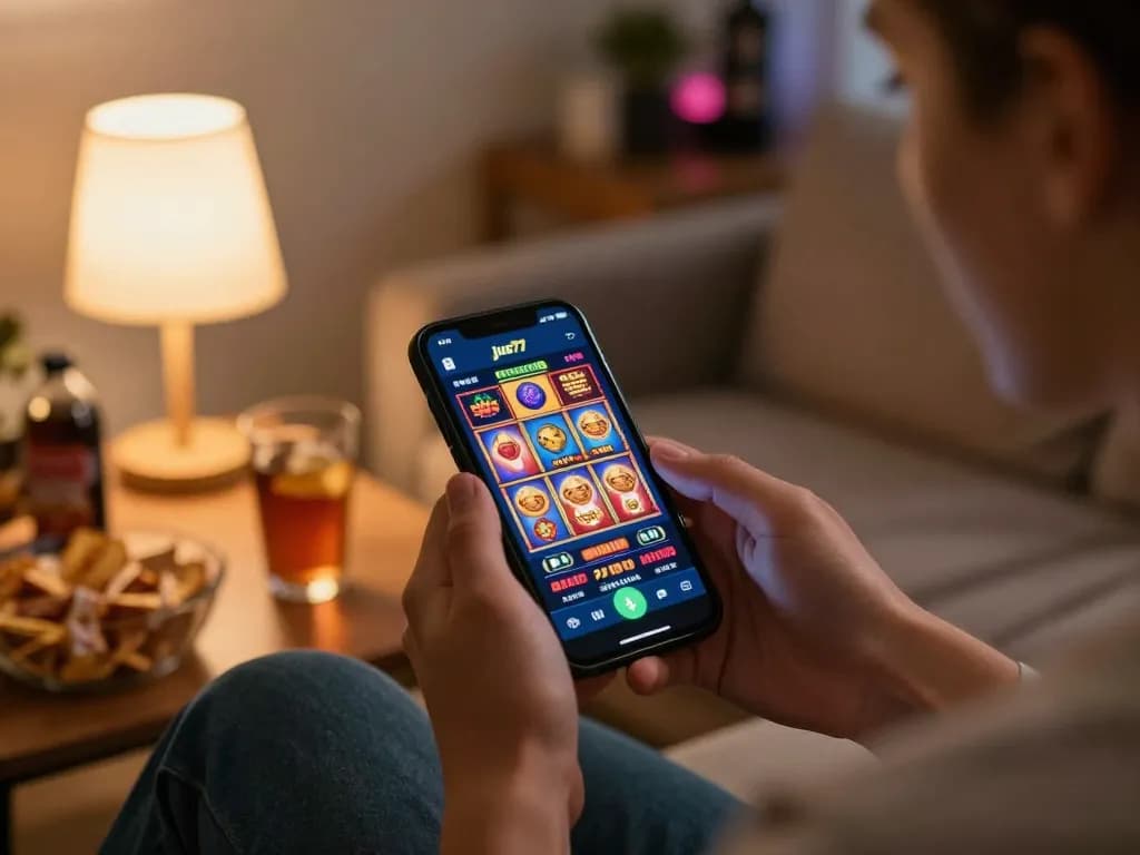 Player enjoying a smartphone gaming session on jus77 app for immersive slot experience at home