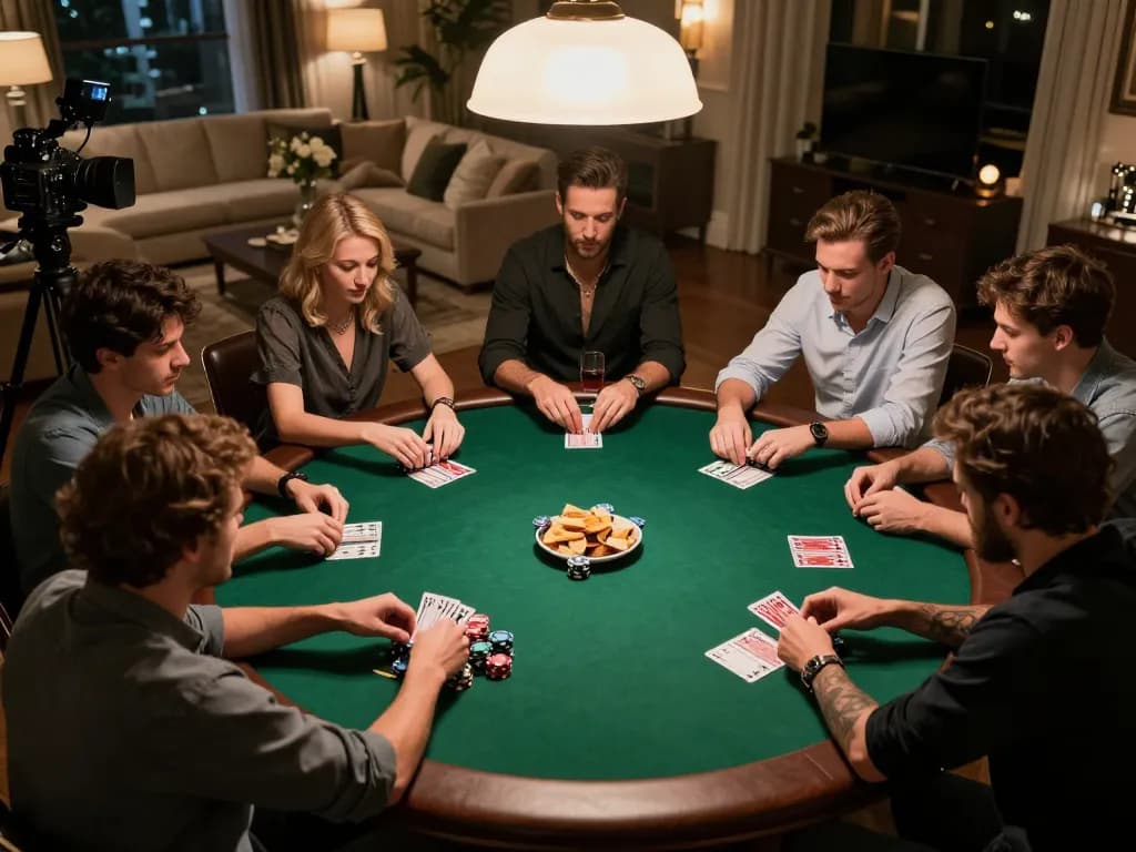 Players immersed in an intense poker game at home, showcasing mb66 strategies with cards and chips on display