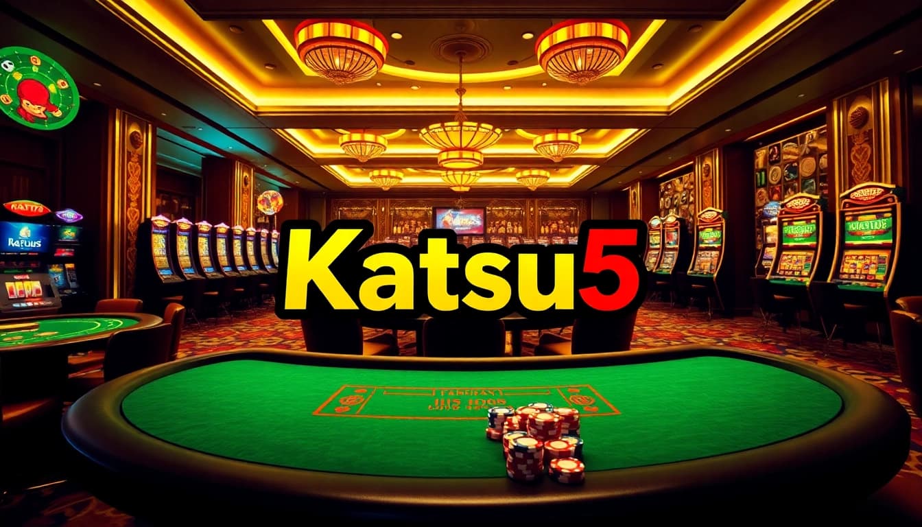 Katsu5 menampilkan ruang permainan kasino yang semarak dengan logo dan meja permainan yang menarik.