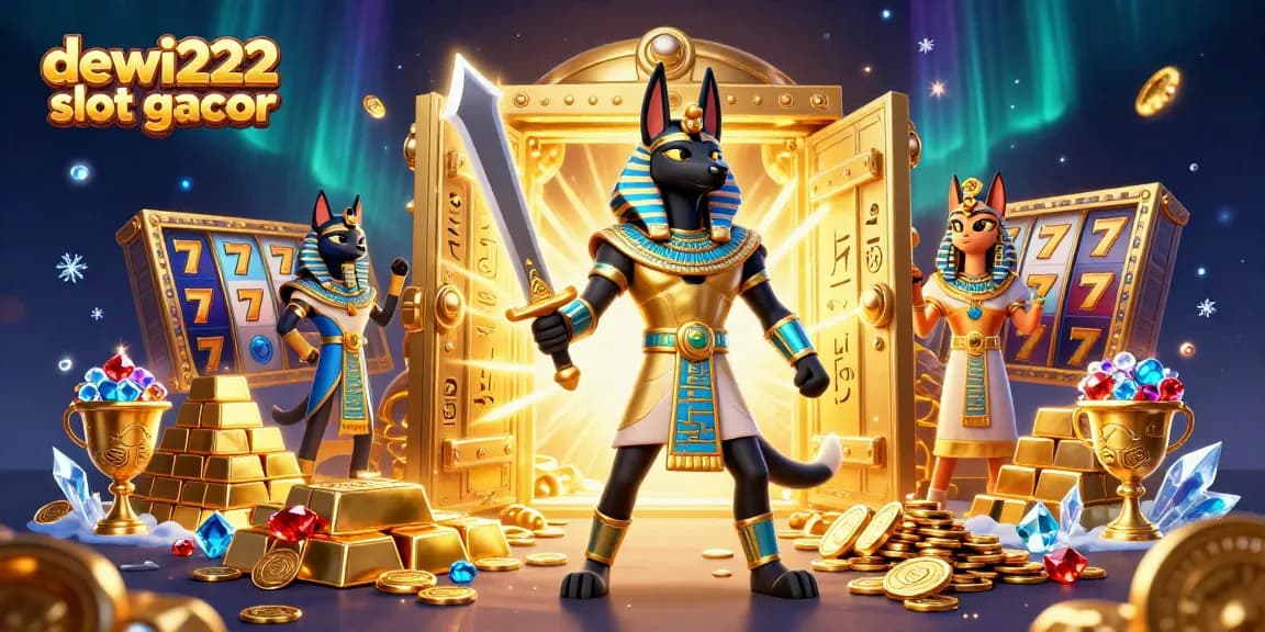 Play high-stakes with dewi222 slot gacor featuring Anubis and Bastet amidst treasures.