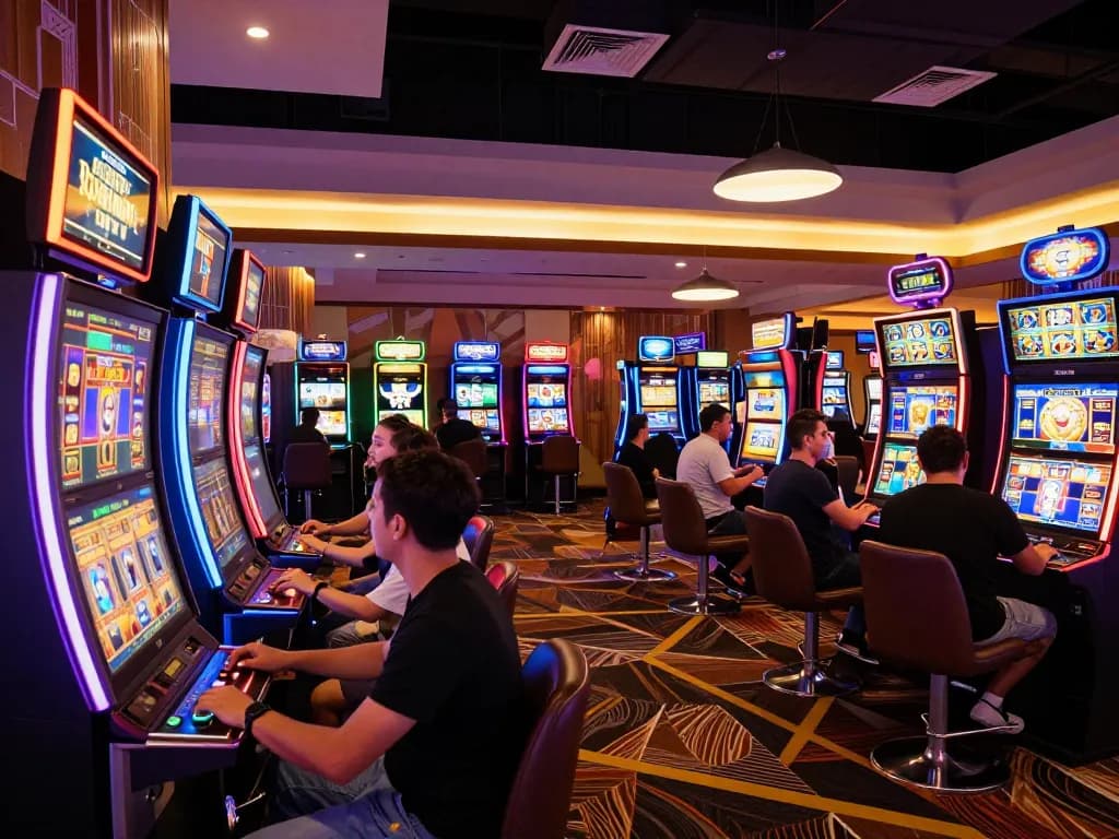 Players cheering at slot machines in a vibrant casino, showcasing 주소모음 of gambling excitement and engagement