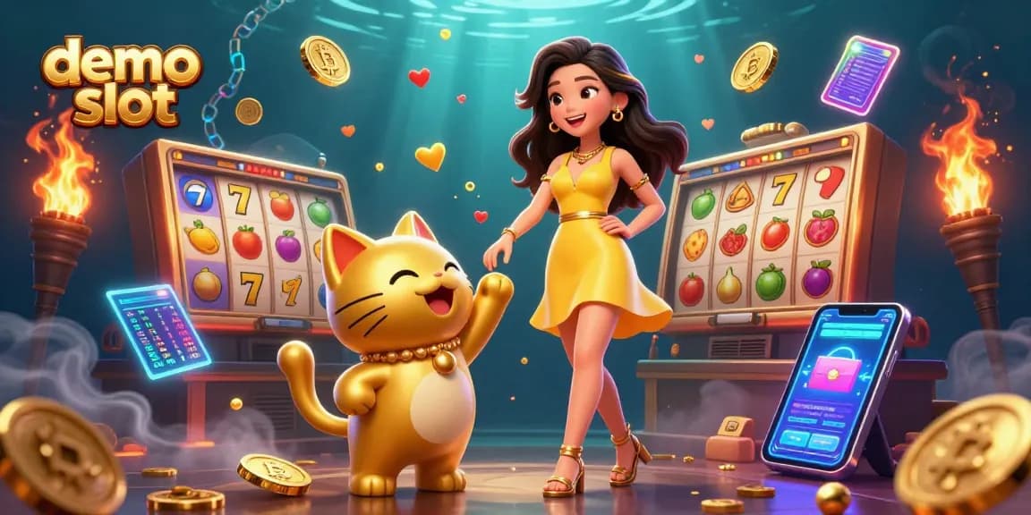 Engage with demo slot excitement through a vibrant 3D illustration featuring a cheerful Asian woman with a lucky cat.