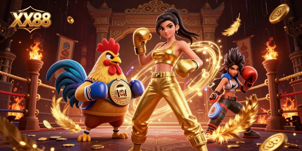 Experience thrilling action at XX88 with a powerful woman and championship rooster amidst vibrant casino elements.