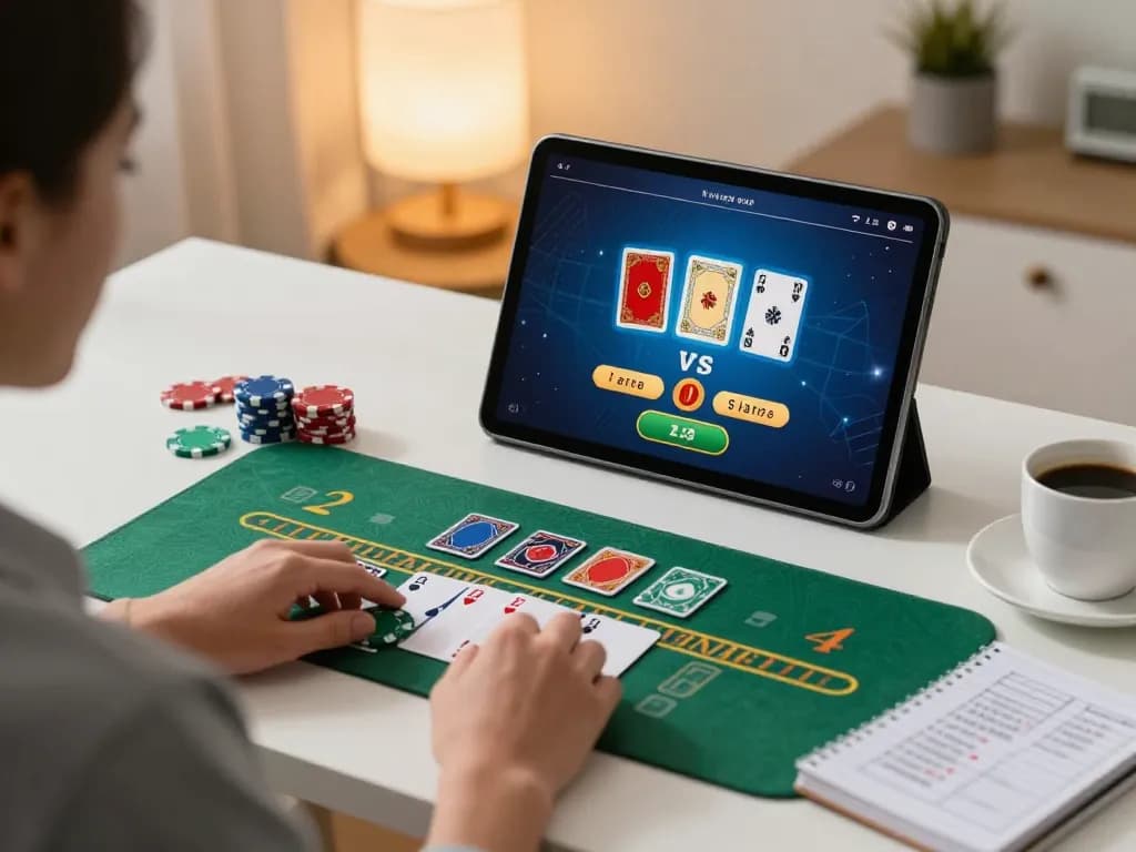 Player engaging in strategic blackjack gameplay on c168 tablet at home, showcasing a cozy gaming atmosphere