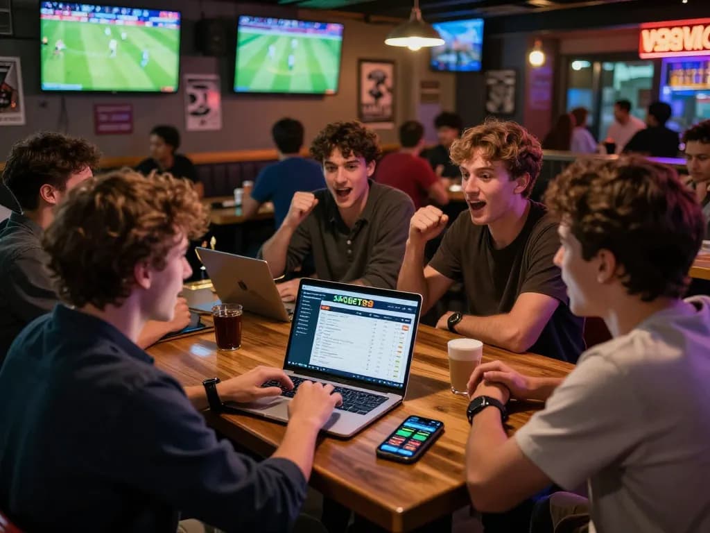 SBOBET88 sports betting enthusiast analyzing odds at a lively sports bar during live matches.