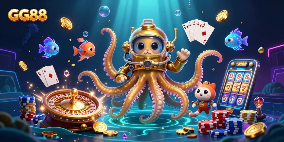Experience the thrill at GG88 with a vibrant underwater casino scene featuring dynamic characters and casino elements.
