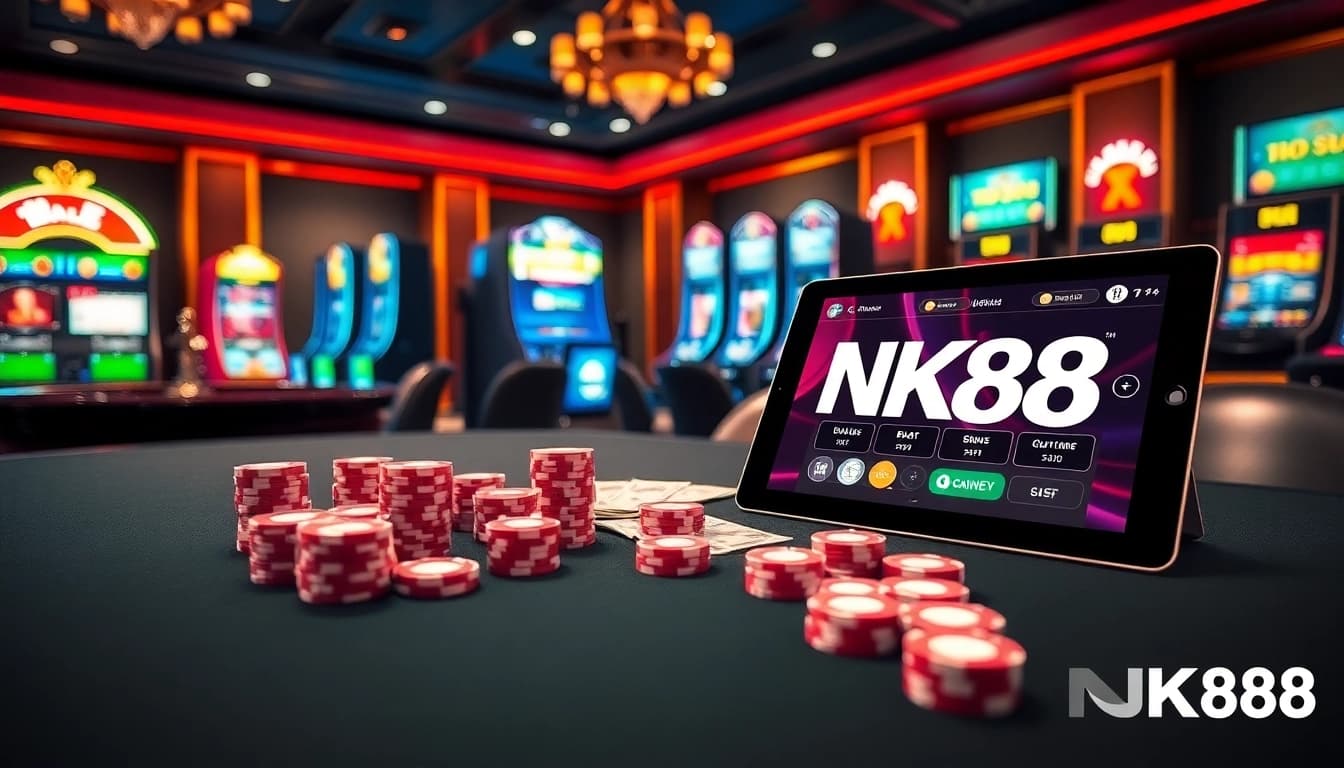 Experience thrilling bets at NK88 with a vibrant casino table showcasing poker chips.