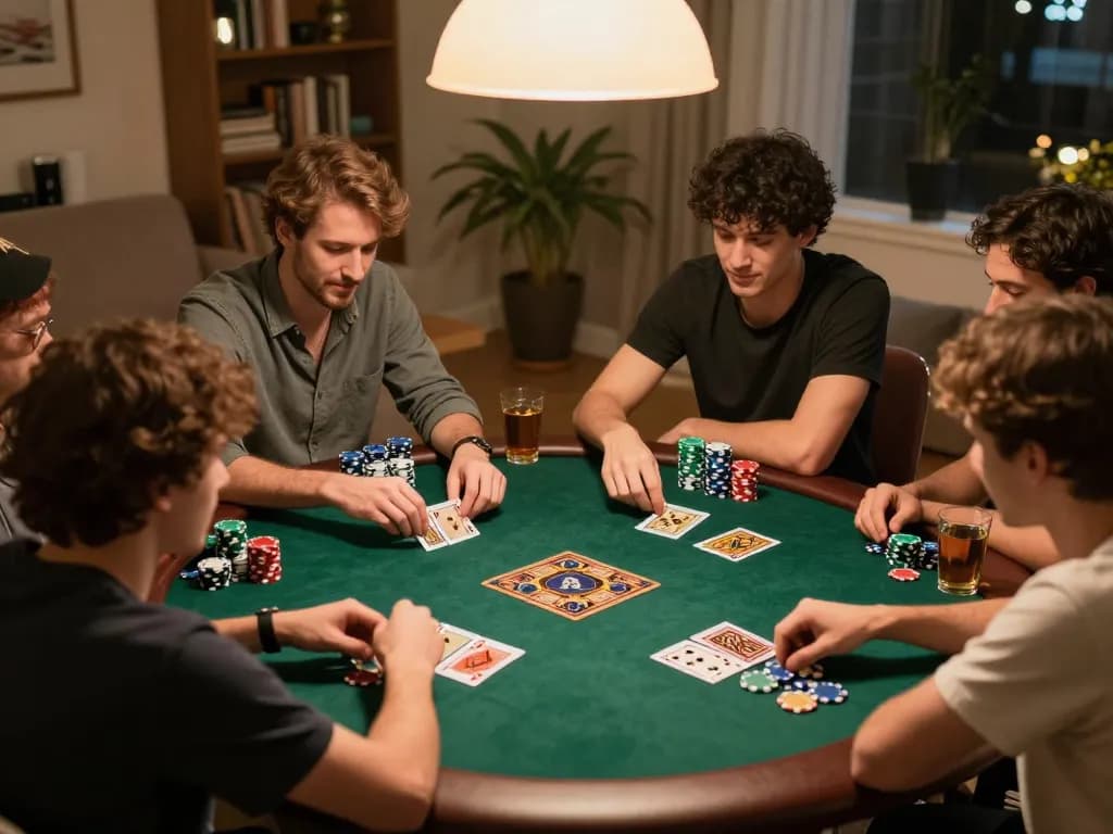 Players enjoying poker night at home with ALO8-themed game strategy, showcasing excitement in a cozy setting.