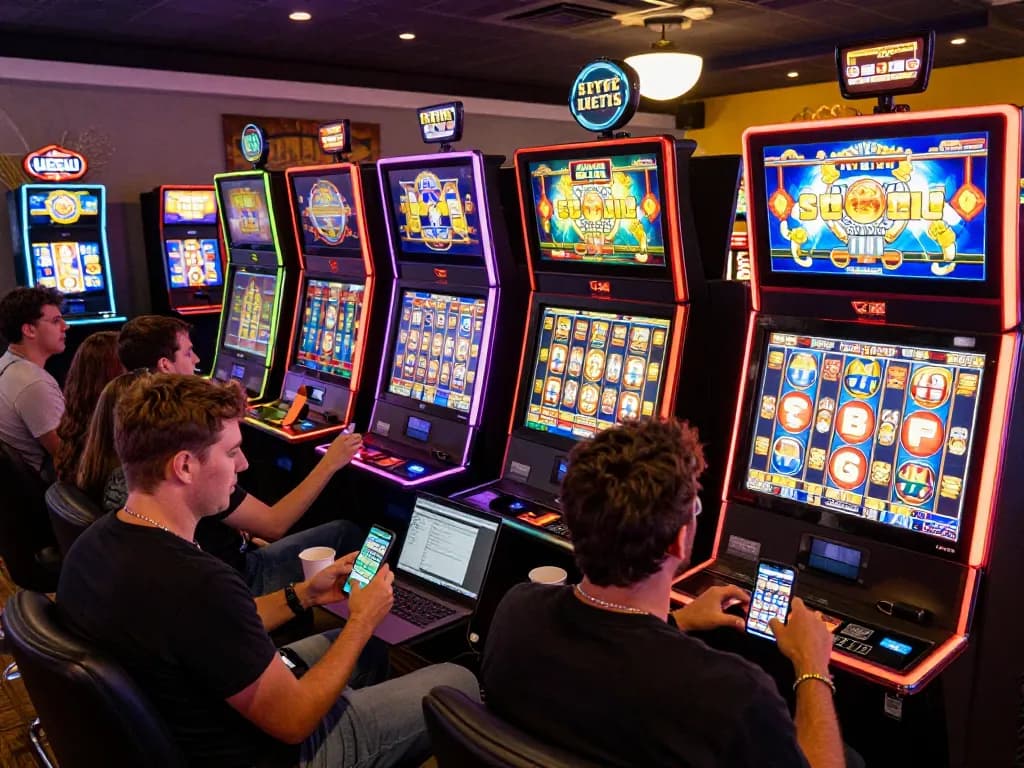 Pemain terlibat dalam permainan slot link di perangkat mobile, merayakan kemenangan menarik di kasino online yang nyaman
