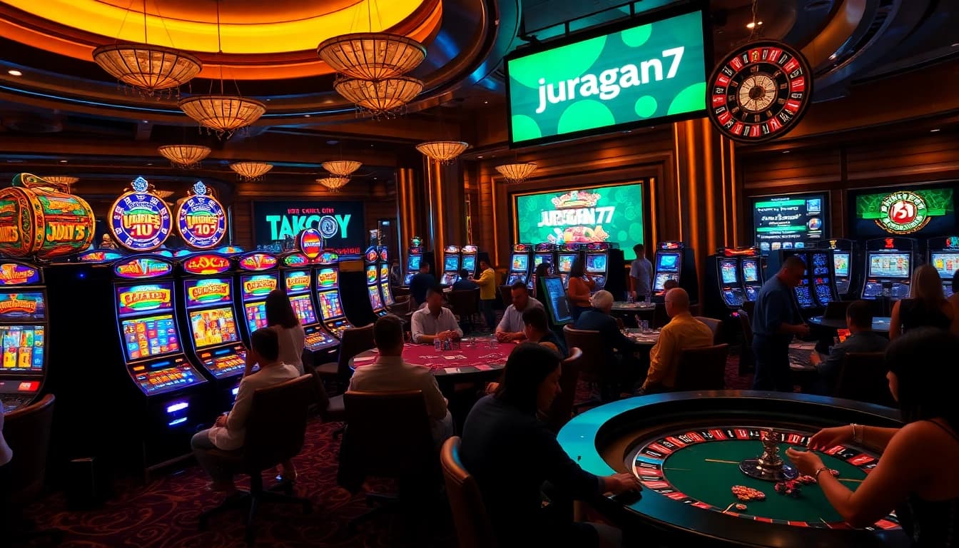 Players enjoying the excitement of gaming at juragan77 with poker chips and slot machines.