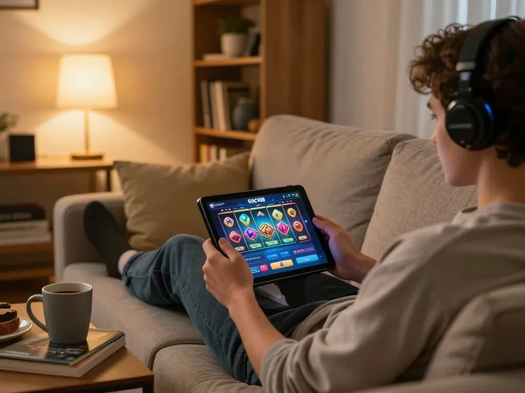 Seorang pemain menikmati slot Gsc108 di tablet dalam suasana ruang tamu yang nyaman, menunjukkan suasana permainan yang bertanggung jawab.