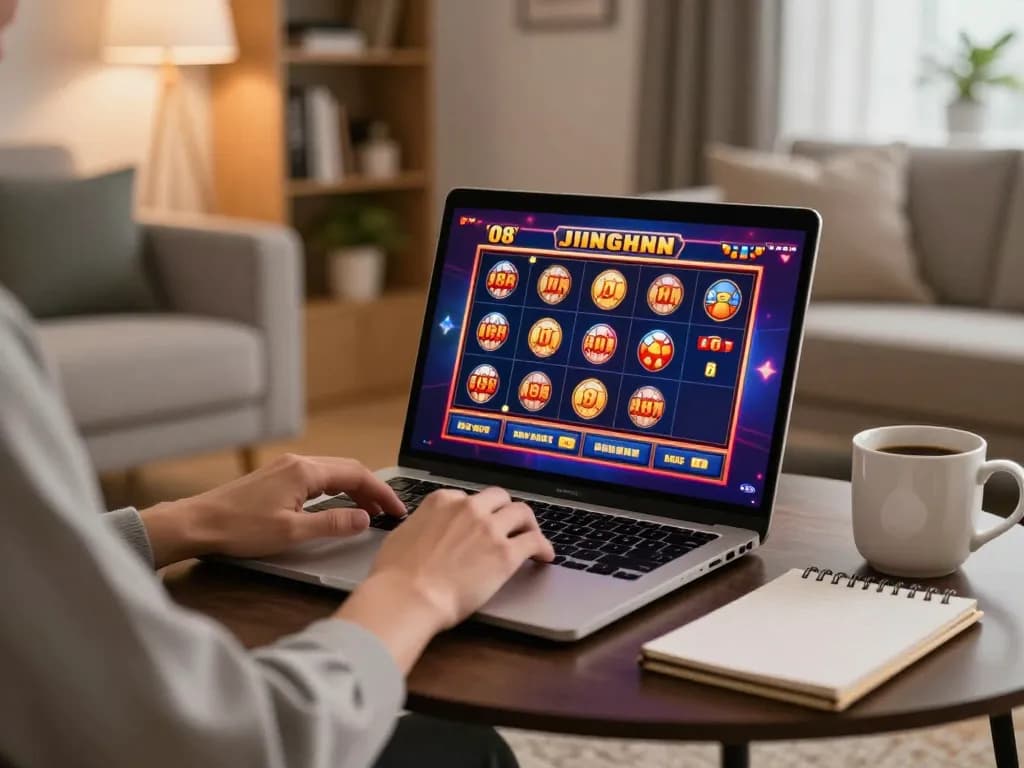Playing O8 casino games on a modern laptop with vibrant graphics in a cozy setting