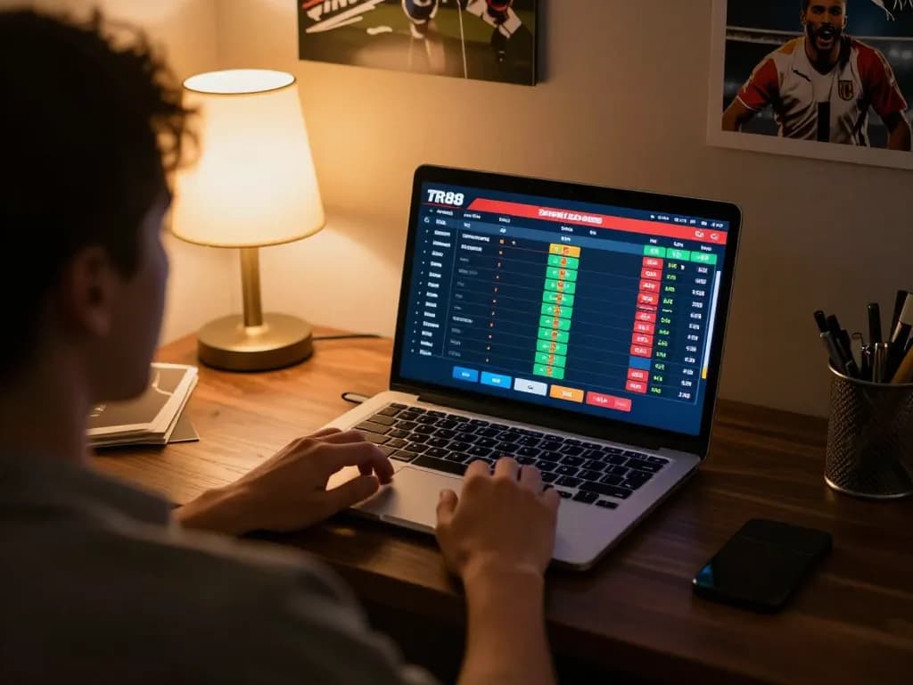Player enjoying a dynamic TR88 sports betting experience on a laptop in a cozy setting.