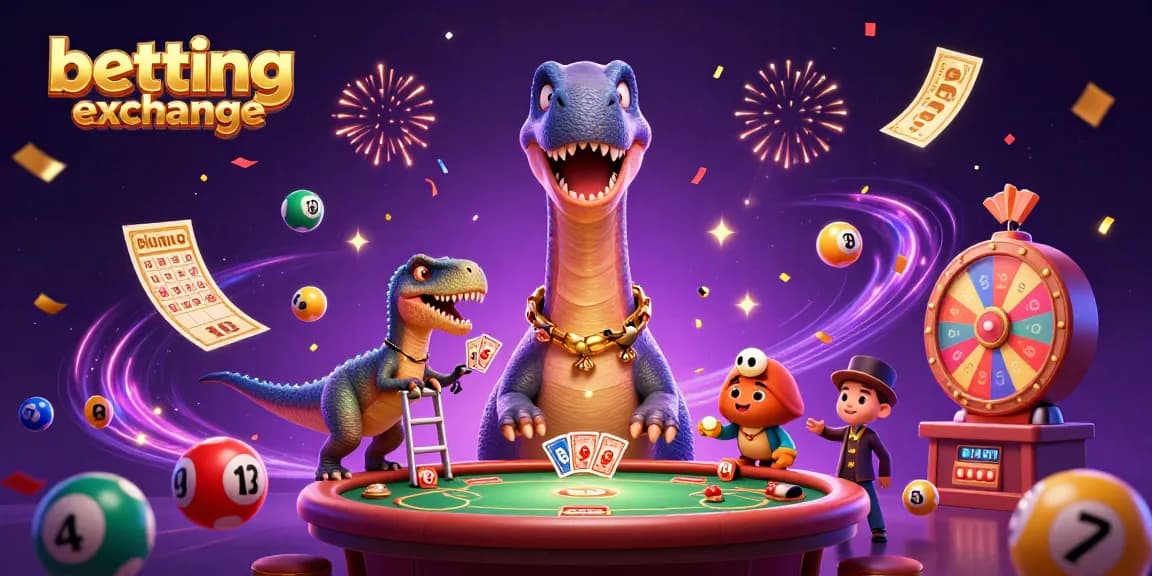 Engage with the vibrant betting exchange scene featuring animated characters amidst colorful gaming elements.