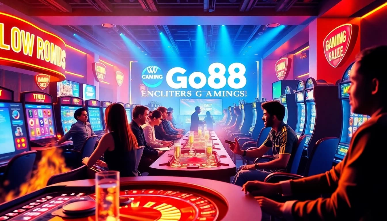 Exciting online gaming scene featuring Go88 platform users engaged in live casino, slot games, and sports betting.