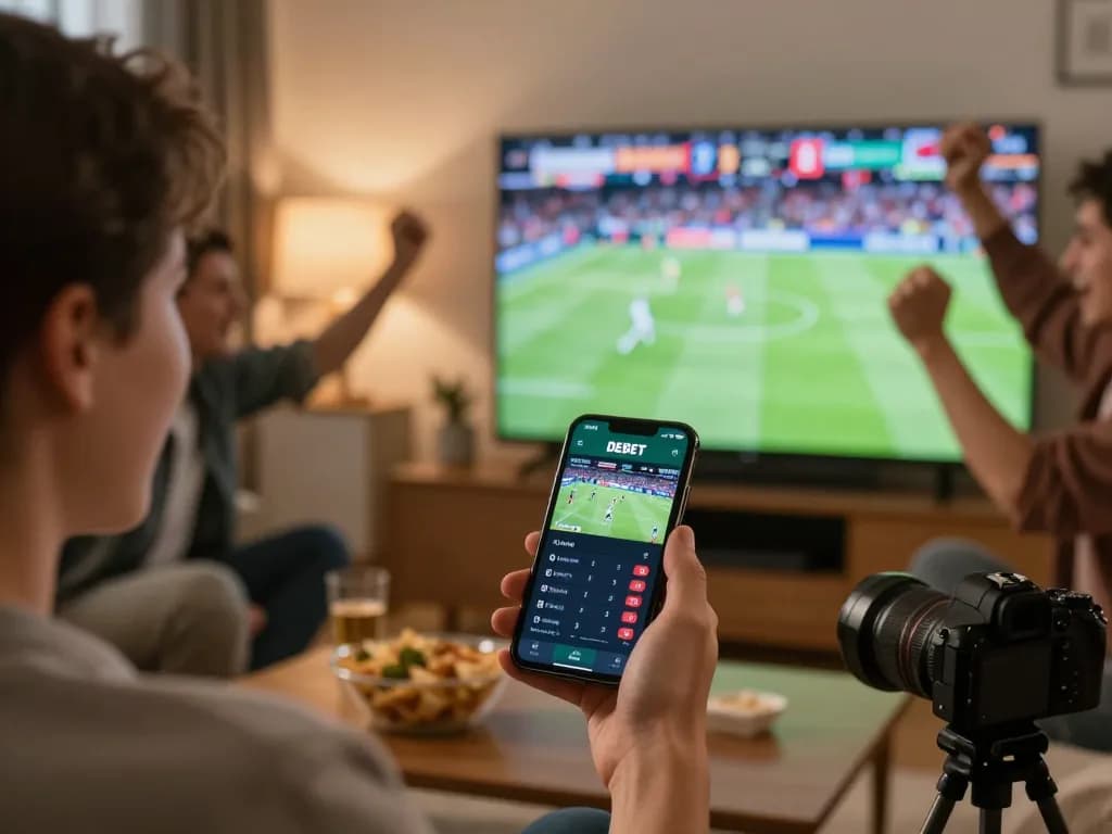 Engaged gambler using the DEBET app while watching sports, capturing a moment of excitement