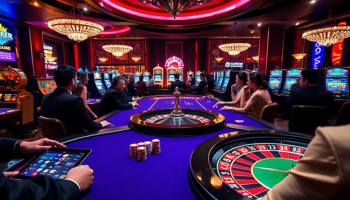 Situs11 showcases an exciting casino atmosphere with poker players, roulette wheels, and vibrant slot machines.