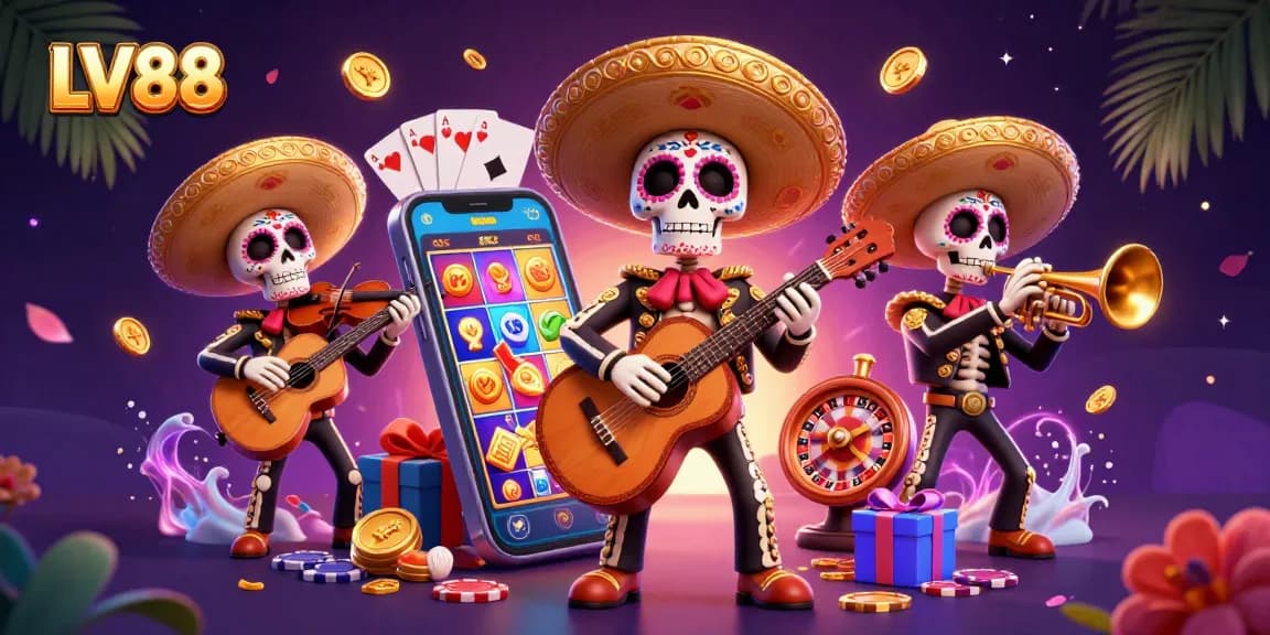 Engage with LV88's vibrant online gaming atmosphere featuring a mariachi band amidst dynamic casino elements.
