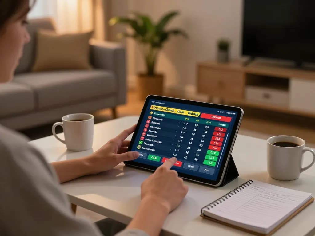 Engaging in sports betting with UFA370 on a tablet in a cozy home environment, showcasing responsible gaming.