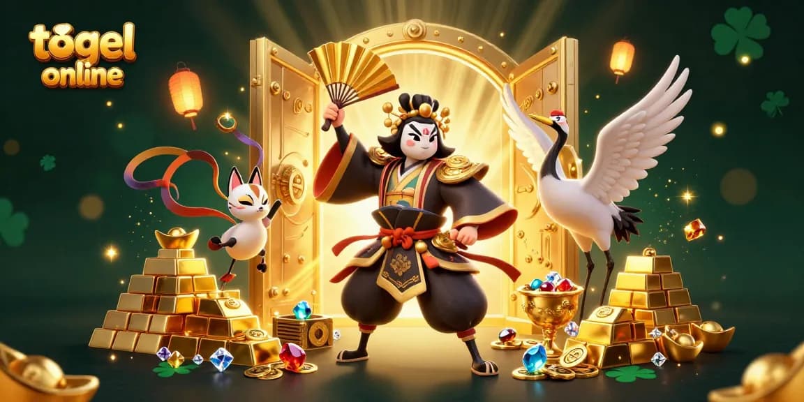 Experience thrilling togel online action with kabuki warrior and kitsune in a vibrant 3D scene.