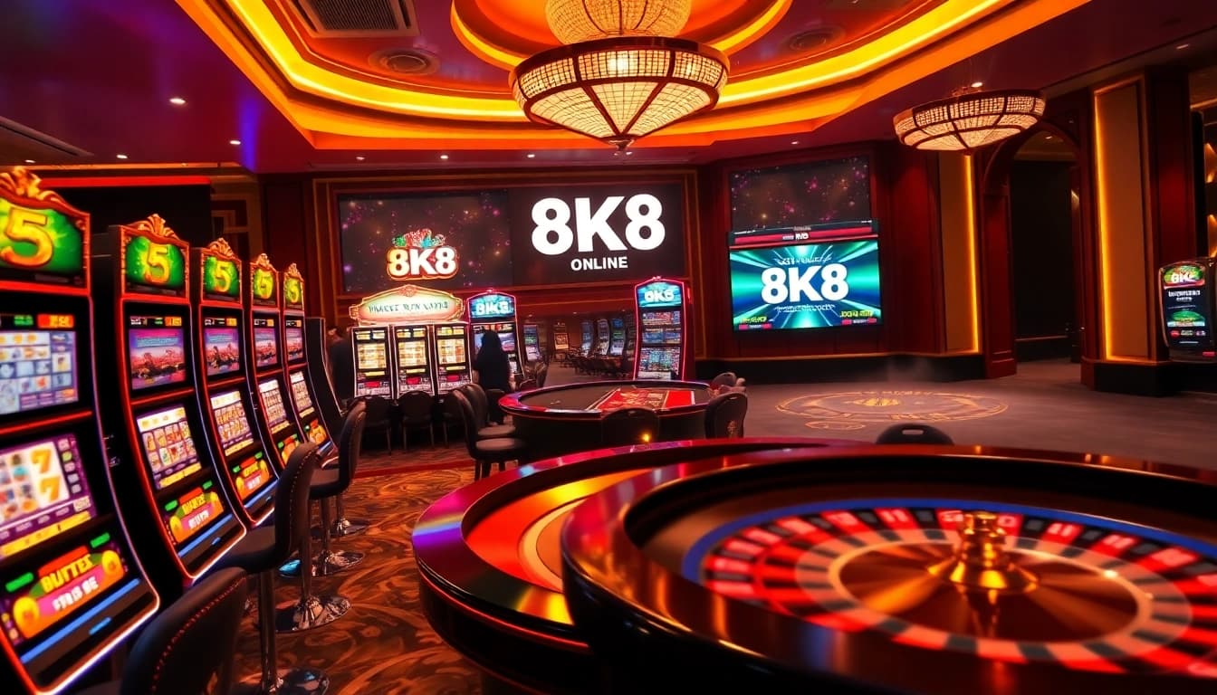 8K8 online casino scene showcasing vibrant slot machines and engaging poker gameplay for Filipino players.