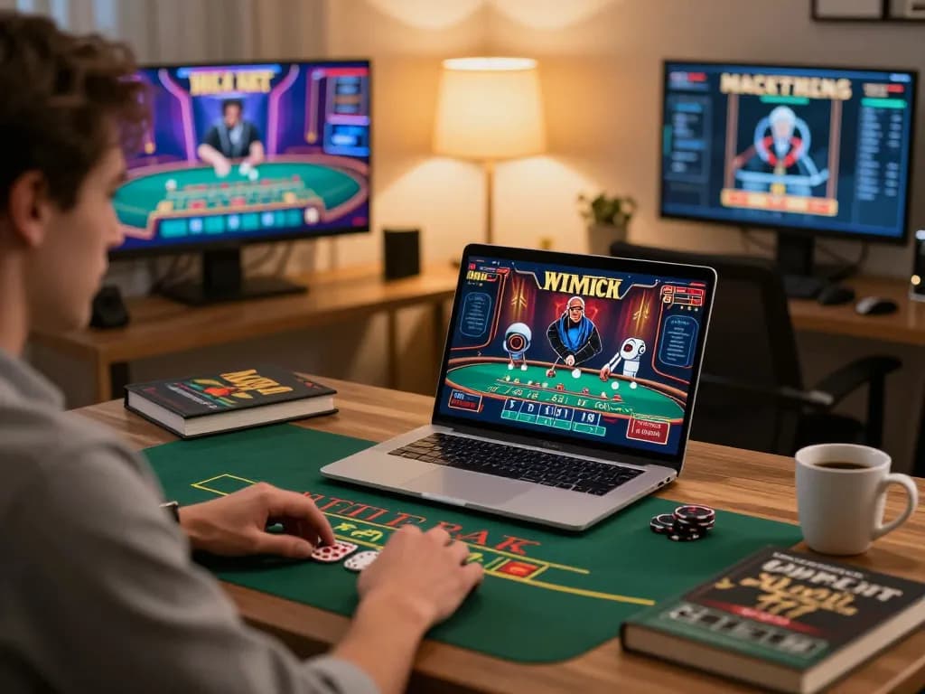 iwin player enjoying an intense blackjack session at home, surrounded by strategy notes and a cozy atmosphere