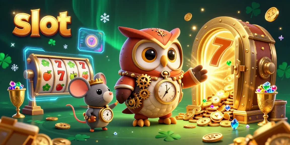 Experience the thrill of slot machines with a steampunk owl and vibrant casino elements.