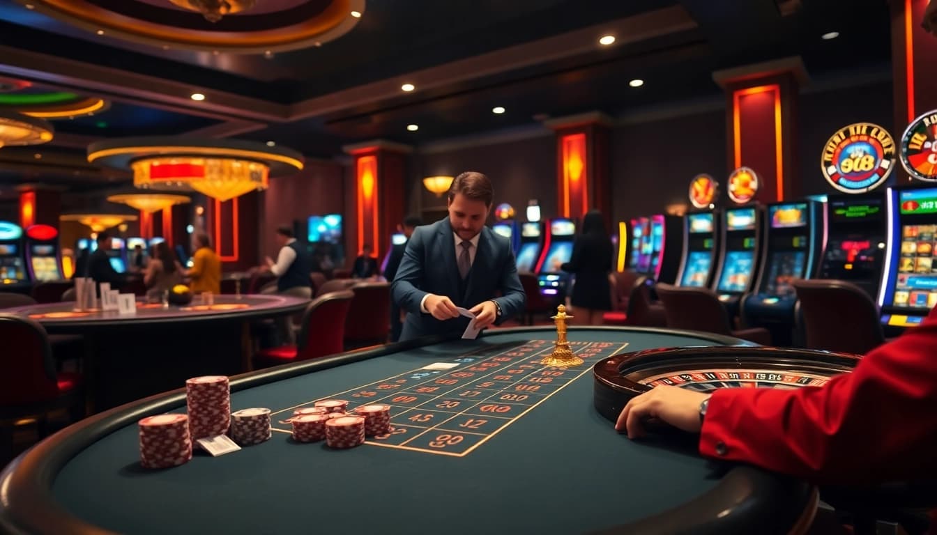 Players engaging at a GO8 casino table, strategizing blackjack bets surrounded by vibrant slot machines.