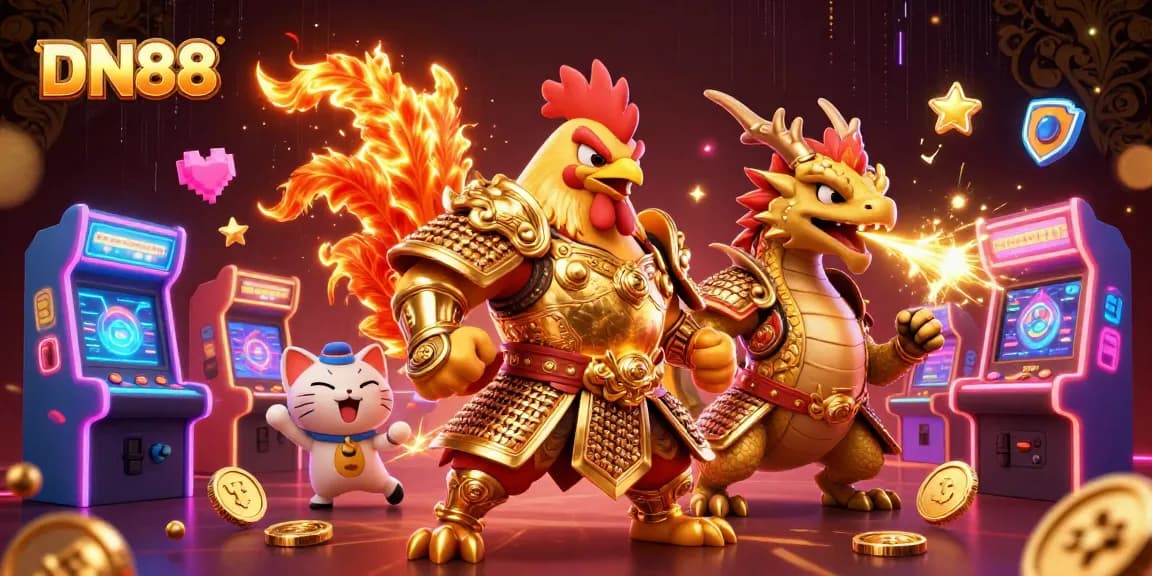 Experience thrilling gameplay at DN88 with an armored rooster warrior, dragon hatchling, and vibrant casino elements.