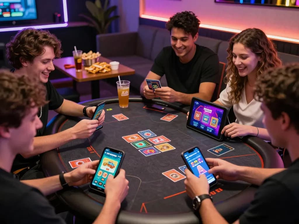 Friends enjoying card games on Hitclub trang chủ in a vibrant lounge.