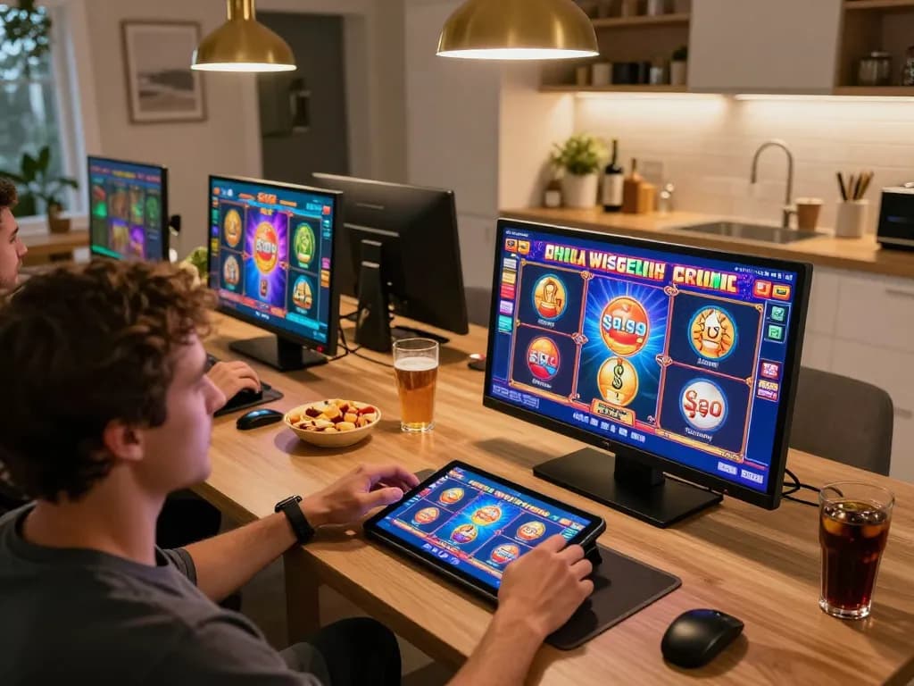 Player spins reels on a vibrant online slot game during an exciting home gaming session
