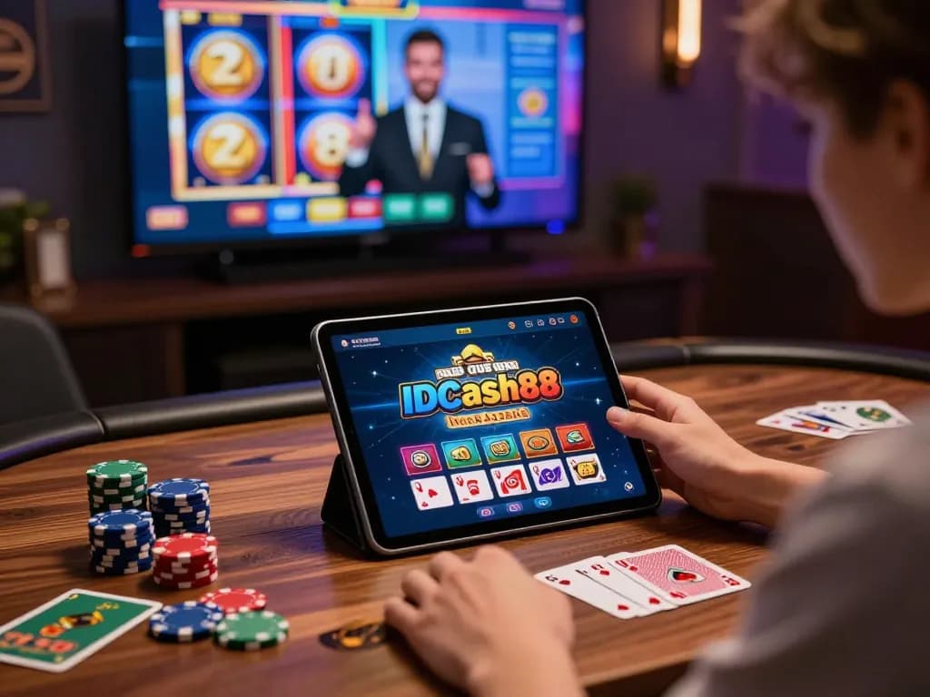 IDCASH88 gaming scene showing a player engaging with the casino app on a tablet at a stylish setup.