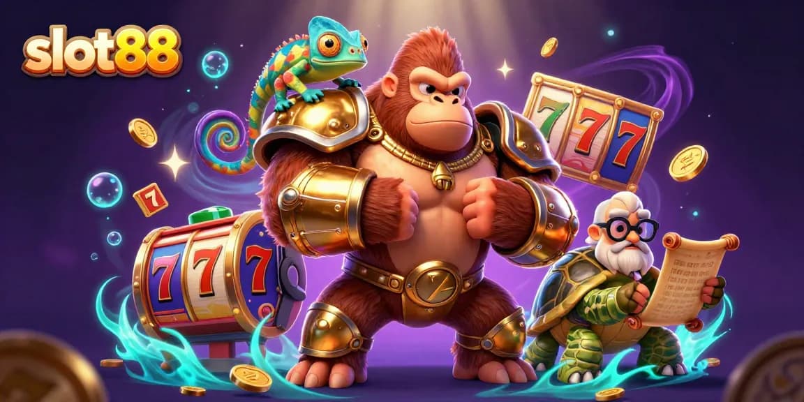 Spin jackpot reels with slot88 as a gorilla king and companions celebrate a winning moment in this vibrant scene.