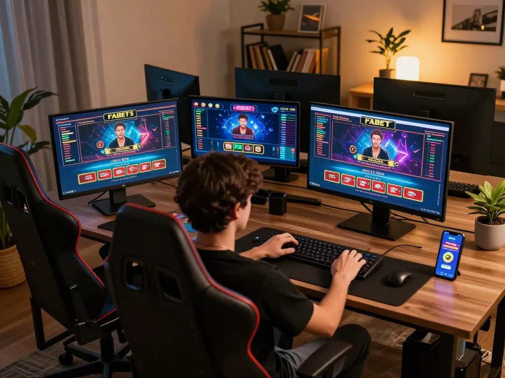 Player enjoying FABET online casino games from home, showcasing a dynamic gaming setup.