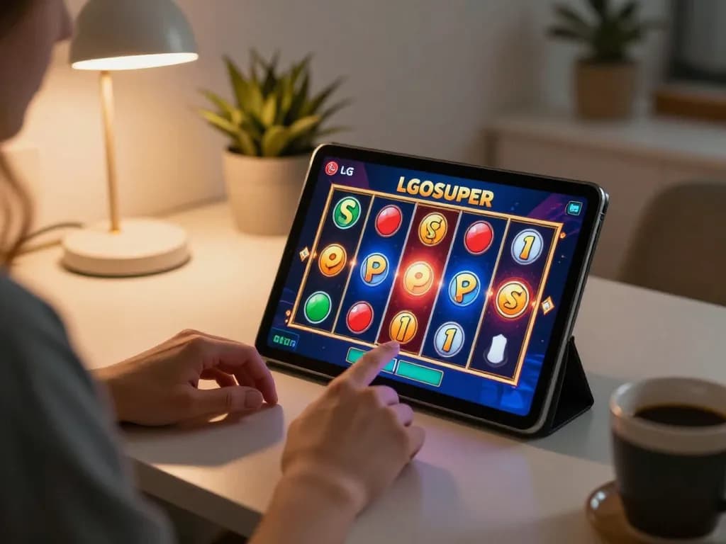 Player enjoying LGOSUPER slot experience on a tablet in a cozy home setting.