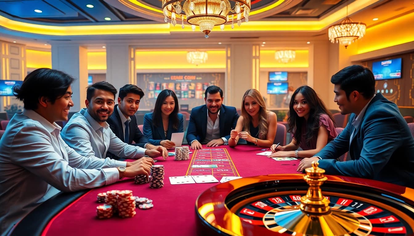 Experience the excitement of 23win with digital gaming elements like poker chips and roulette wheels.