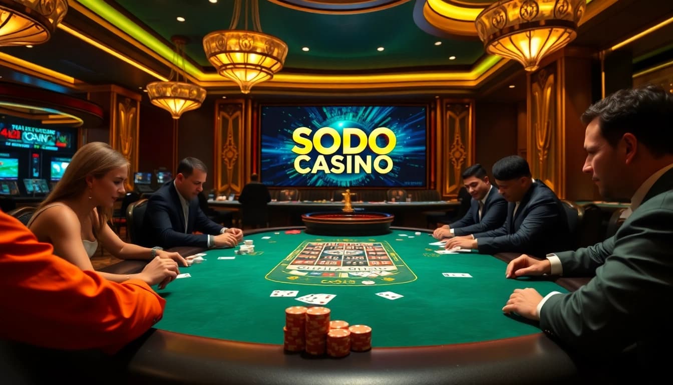 SODO CASINO - Players enjoying a high-stakes poker game in a luxurious casino atmosphere.