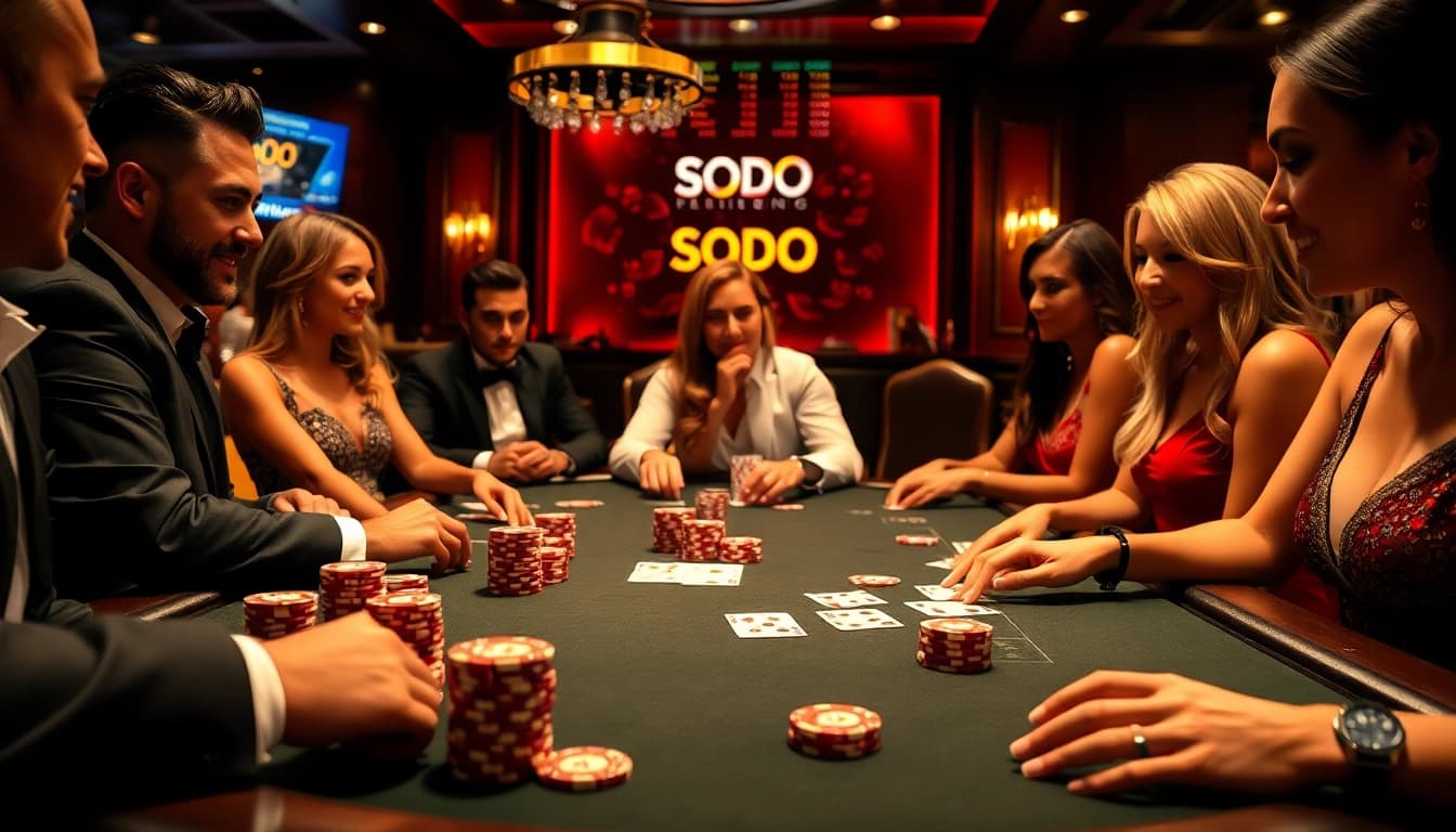 SODO Casino players immersed in an exciting poker game, showcasing thrilling gambling action.