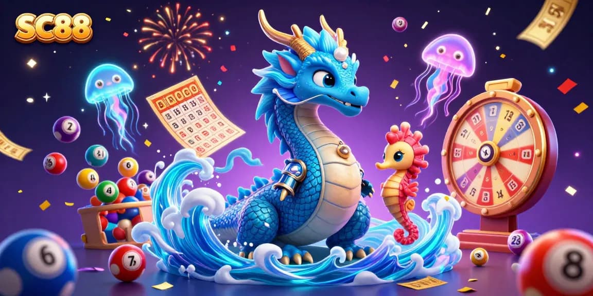 Engage in thrilling lottery excitement with SC88 showcasing vibrant dragon and seahorse characters.