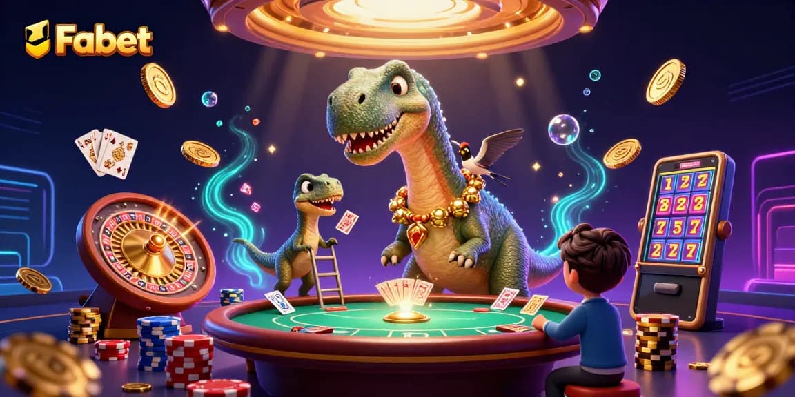 Fabet players enjoy high-stakes action as a cartoon brontosaurus towers over a poker table surrounded by treasure.