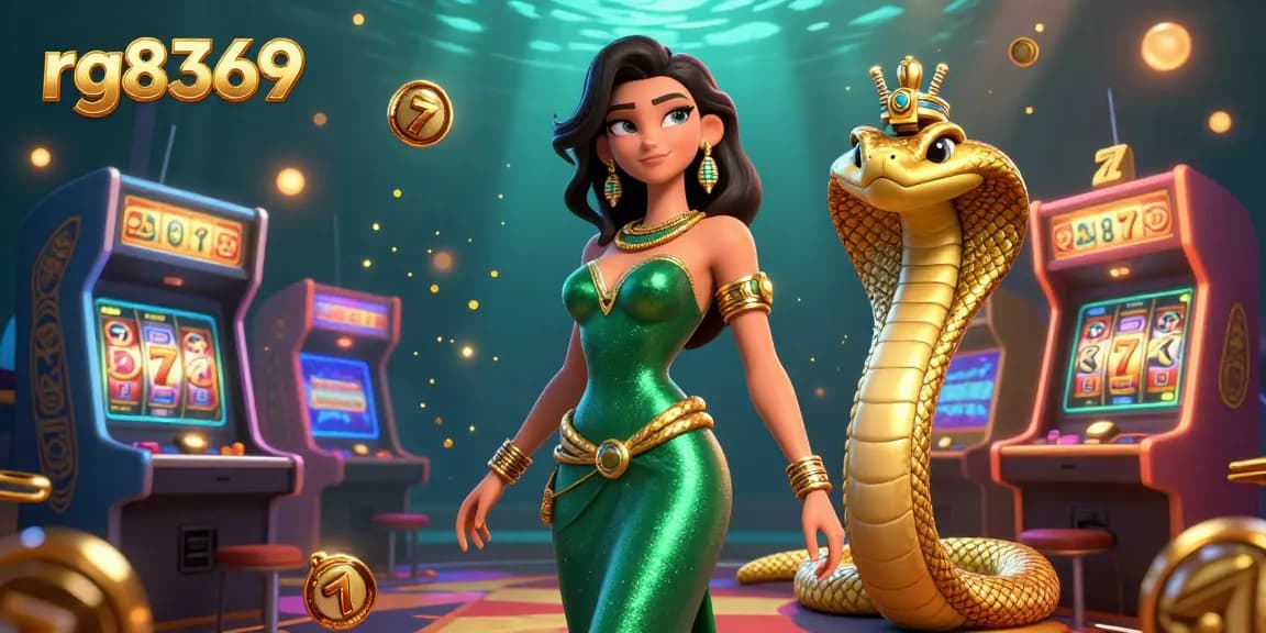 Engage with rg8369's vibrant casino scene featuring a charming woman and golden cobra amidst glowing game elements and rich golden details.