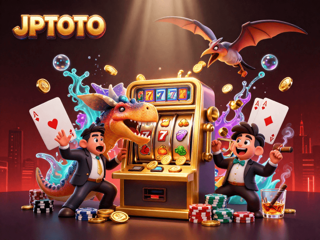 Experience the thrill with JPTOTO as a pachycephalosaurus headbutts a slot machine, triggering a jackpot!