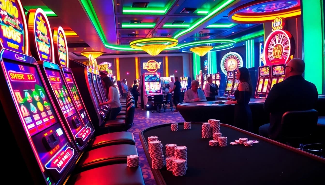 Experience the excitement of slot gacor with players engaging at vibrant casino slot machines.