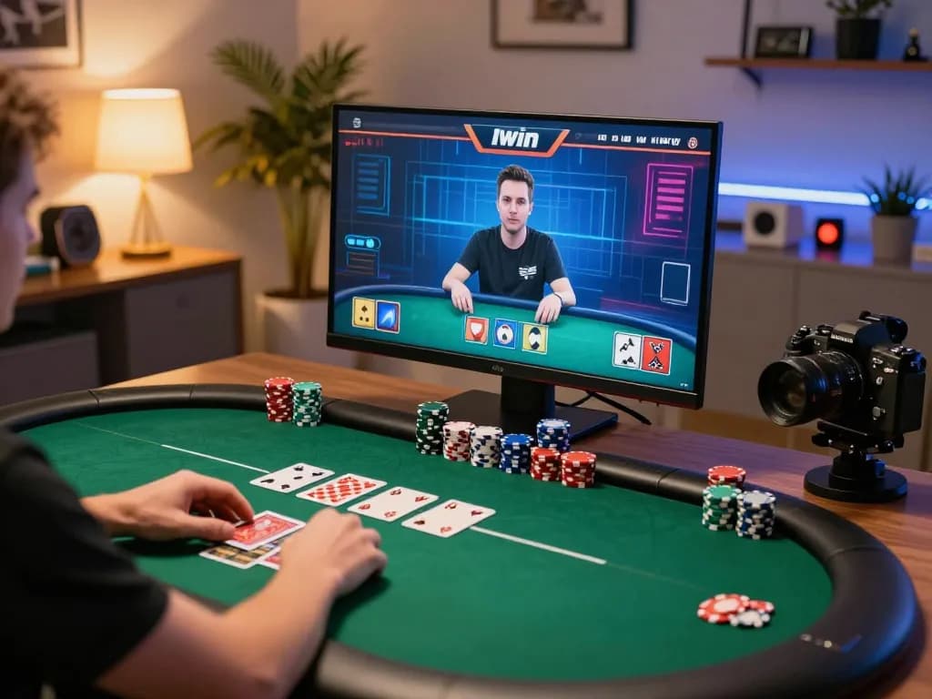 Iwin player engaging in live poker at home, showcasing strategic gameplay in a cozy setting.