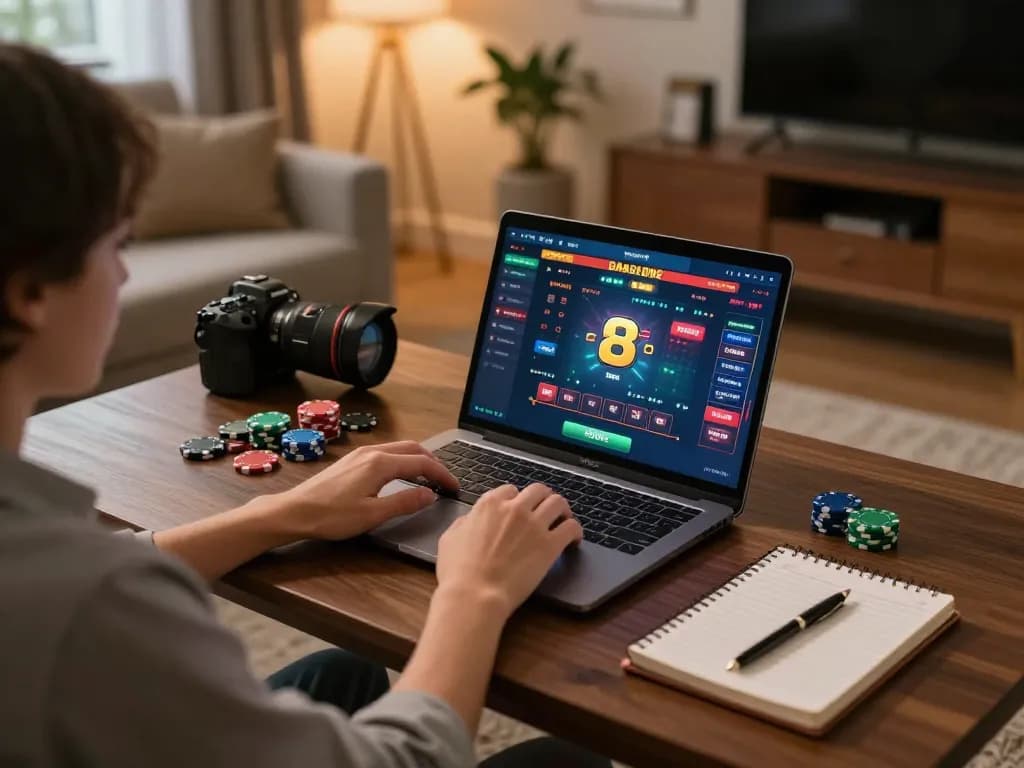 Engaging gameplay experience on dash88 with a player using laptop at home, surrounded by poker chips and strategy notes.