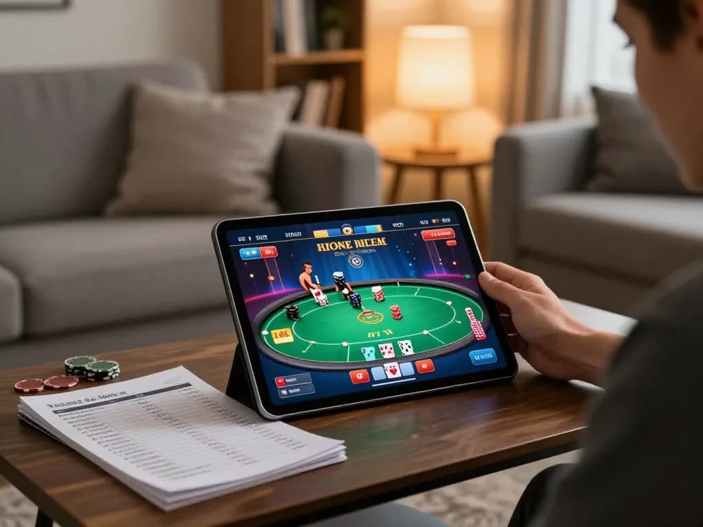 Player enjoying a thrilling dinamit4d poker game on tablet at home, showcasing professional gaming setup and strategic environment.