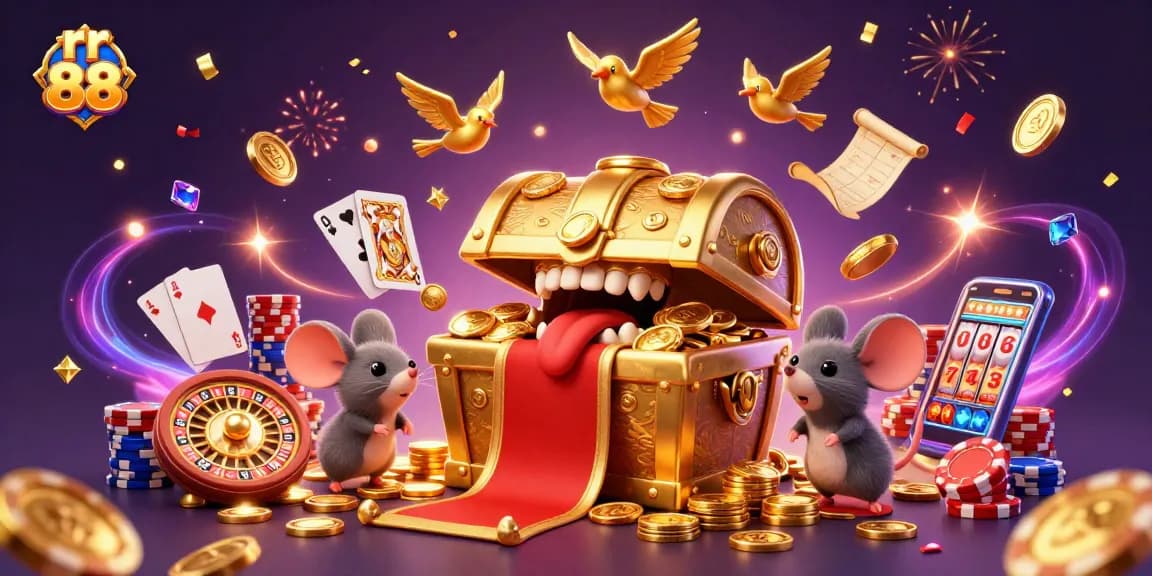Experience the thrill of rr 88 with dynamic casino games and dazzling treasures unfolding in a vibrant digital illustration.